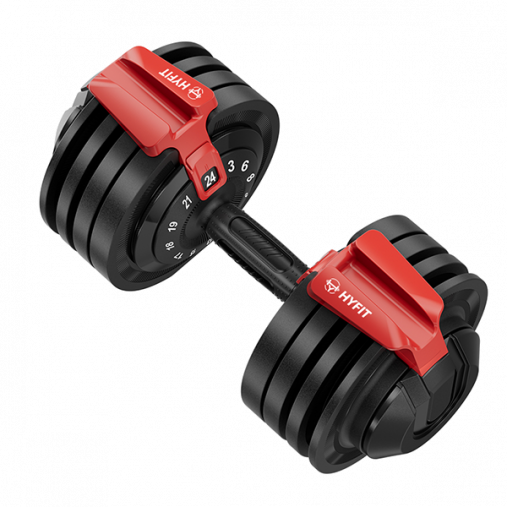 Пара регулируемых гантелей HYFIT SINGLE 24 кг (переключение поворотом ручки) в комплекте со стендом