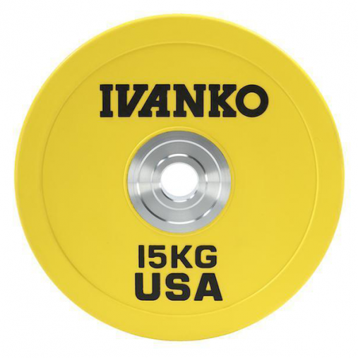 Бампированный диск IVANKO OBPX-C 15 кг (желтый) для пауэрлифтинга и кроссфита