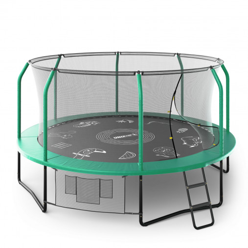 Батут каркасный UNIX line 14 ft (4.27 м) SUPREME GAME (зеленый) с внутренней защитной сетью и лесницей